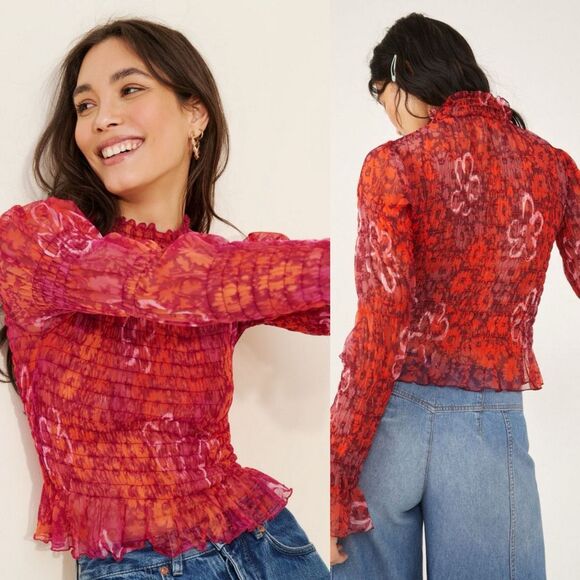 Free People Hello There sheer ruched mock-neck top red orange mesh | medium - Picture 3 of 13